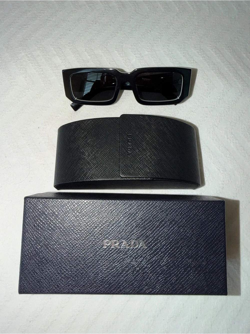 Prada Black Rectangular Sunglasses with White Inner Trim